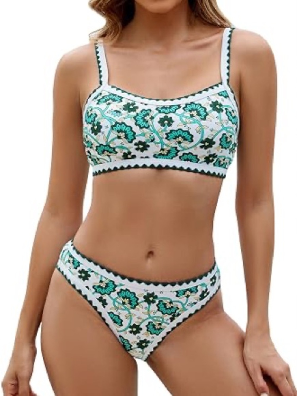 White & Green Floral Bikini Set - Women's Swim